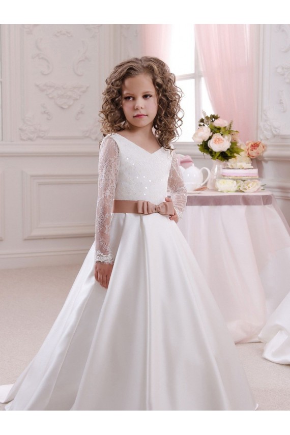 Ivory Ball Gown V-Neck Chapel Train Long Sleeve Flower Girl Dress Melbourne