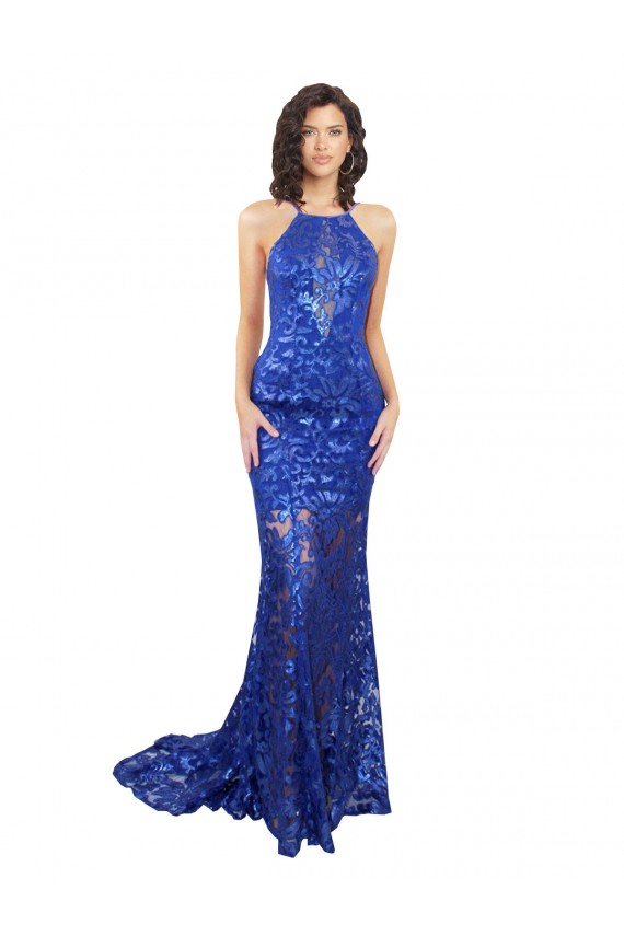 High Neck Long Open Back Lace Bridesmaid Dress / Prom Dress with Train Melbourne