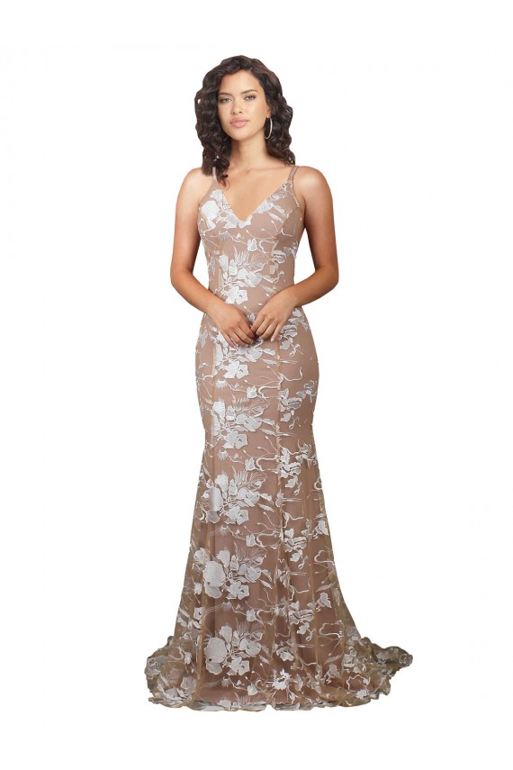 Fishtail Shaped V-Neck Embroidered Foral Lace Wedding Dress Melbourne