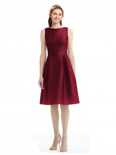 Shop Short Midi Length Satin Cocktail Bridesmaid Dress with Bateau Neckline and V-Back Melbourne