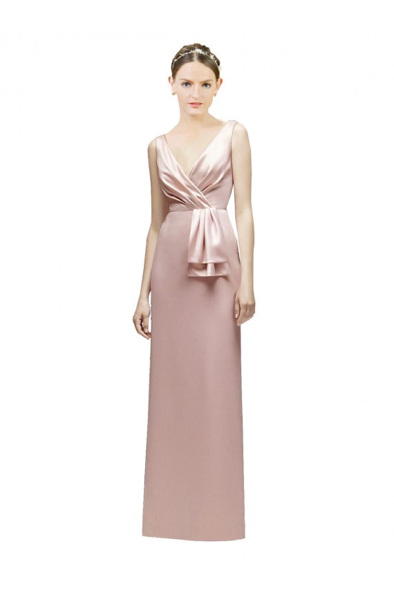 Sleeveless V-Neck Long Satin Bridesmaid Dress with Draped Bodice and Tiered Bow Melbourne