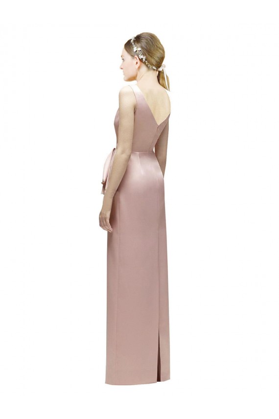 Sleeveless V-Neck Long Satin Bridesmaid Dress with Draped Bodice and Tiered Bow Melbourne
