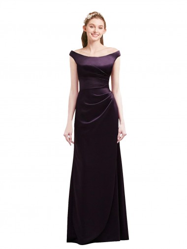 Off The Shoulder Long Satin Bridesmaid Dress with Asymmetrical Pleated Bodice Melbourne