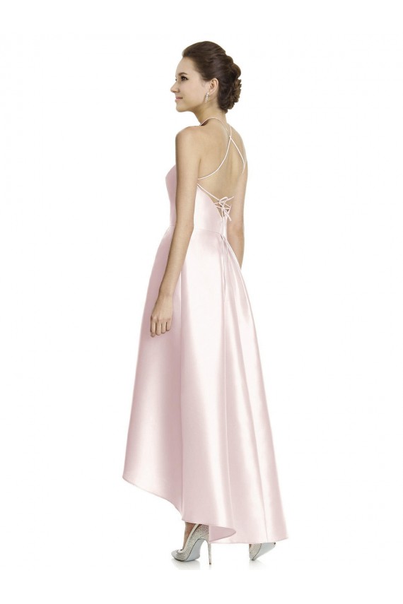 Long High-Low Halter Satin Bridesmaid Dress with Criss-Cross Back Melbourne