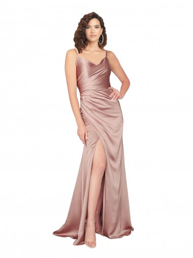 Shop Floor Length Formal Silky Satin Bridesmaid Dress / Prom Dress with Front Skirt Slit Melbourne