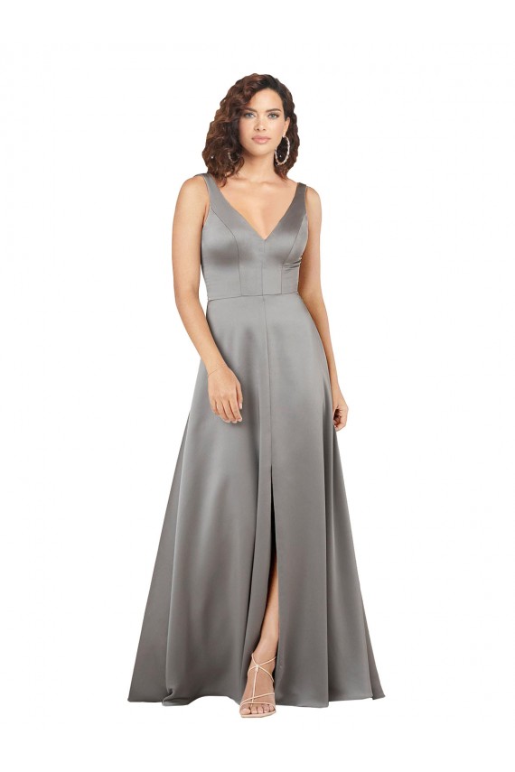 Plunging V-Neckline Long A-Line Formal Silky Satin Bridesmaid Dress / Prom Dress Melbourne