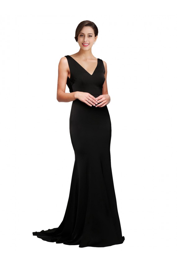 V-Neck Full Length Formal Silky Satin Bridesmaid Dress / Prom Dress with Soft Cowl Neck and Sweep Train Melbourne