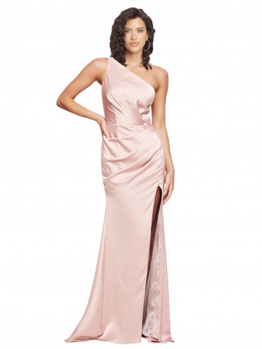 Shop Full Length Ruched Formal Silky Satin Bridesmaid Dress / Prom Dress with Low Back and High Split Melbourne