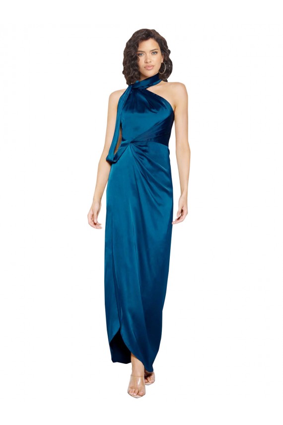 High Halter Neck Formal Silky Satin Bridesmaid Dress / Prom Dress with Sash Overlay and Side Split Melbourne