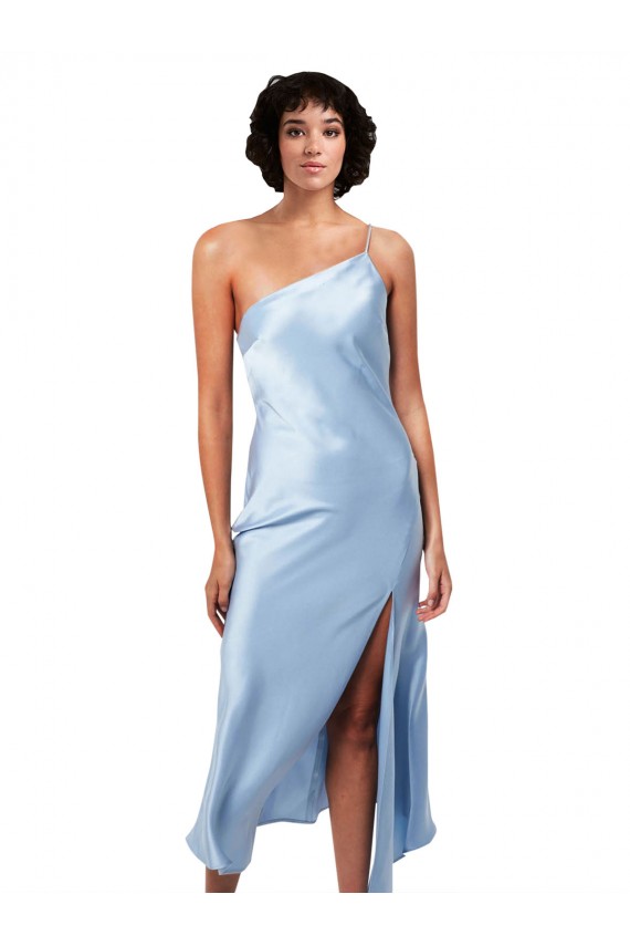 Midi Length Short Formal Silky Satin Bridesmaid Dress / Cocktail Prom Dress with Asymmetric Neckline and High Side Split Melbourne