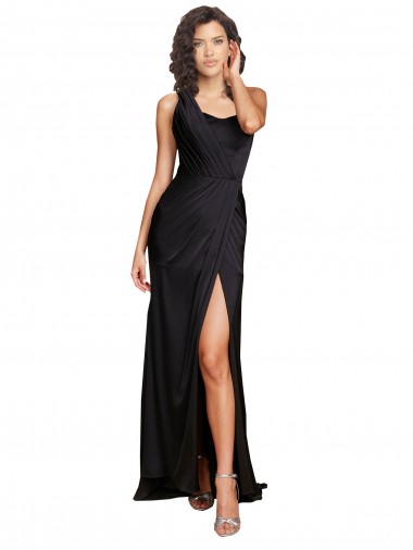 Shop Full Length One Shoulder Ruffled Long Formal Silky Satin Bridesmaid Dress / Prom Dress with High Slit Melbourne