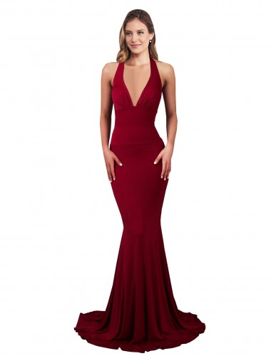 Shop Halter Mermaid Plunge V-Neckline Open Back Bow Tie Formal Spandex Bridesmaid Dress / Prom Dress Melbourne