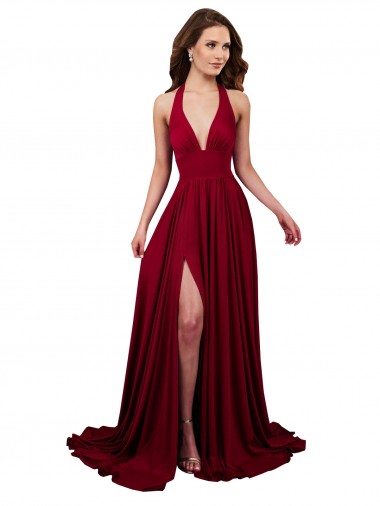 Shop A-Line Halter Plunge V-Neckline Open Back Formal Spandex Bridesmaid Dress / Prom Dress with Slit Melbourne