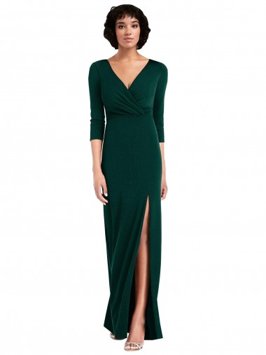 Floor Length 3/4 Sleeves V-Back Draped Wrap Formal Maxi Spandex Bridesmaid Dress / Prom Dress Melbourne