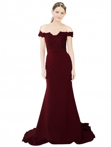 Shop Full Length Off the Shoulder Formal Crepe Bridesmaid Dress / Prom Dress with Lace On Bodice and Back Melbourne
