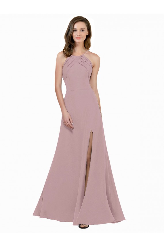 High Neck Crepe Bridesmaid Dress / Prom Dress with Pleats and Keyhole Back Melbourne