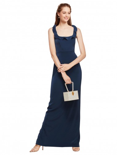 Shop Scoop Neck with Ruffles Long Formal Crepe Bridesmaid Dress / Prom Dress with Back Slit Melbourne