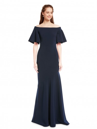 Off the Shoulder Formal Crepe Bridesmaid Dress / Prom Dress with Short Ruffle Sleeves. Melbourne
