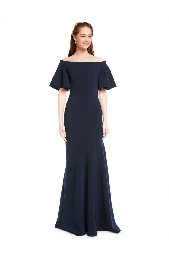 Off the Shoulder Formal Crepe Bridesmaid Dress / Prom Dress with Short Ruffle Sleeves. Melbourne