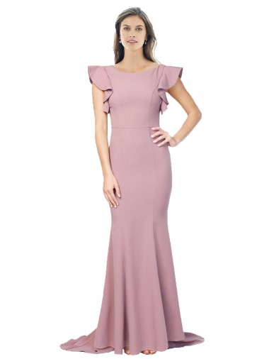 Shop Flutter Sleeves Low V-Back High Round Neck Formal Crepe Bridesmaid Dress / Prom Dress Melbourne