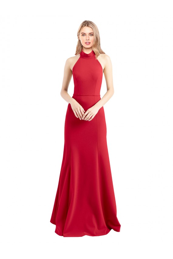 Sleek Fit and Flare High Neck Halter Stretch Formal Crepe Bridesmaid Dress / Prom Dress with Open Back Melbourne