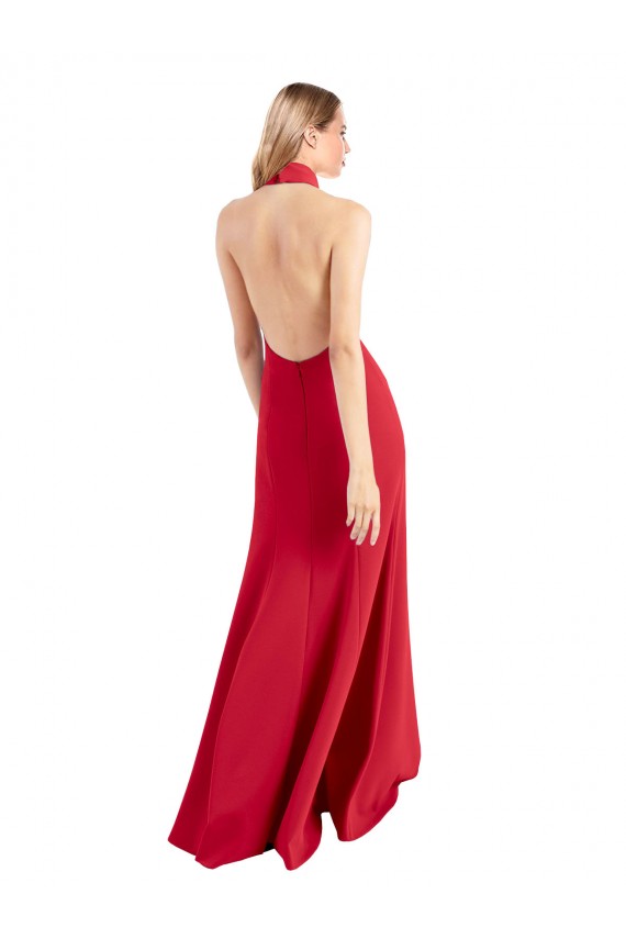 Sleek Fit and Flare High Neck Halter Stretch Formal Crepe Bridesmaid Dress / Prom Dress with Open Back Melbourne