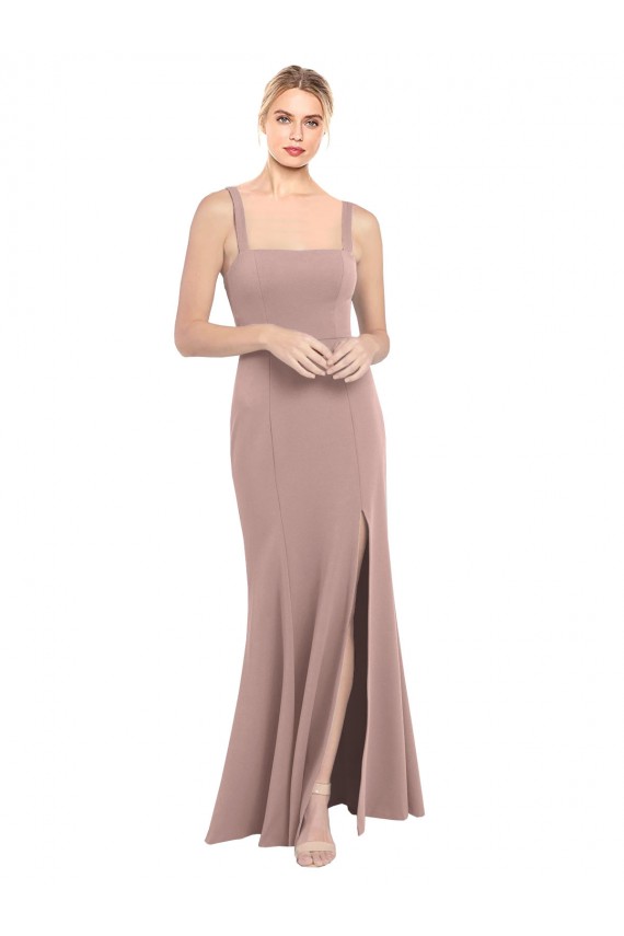 Square Neck Fit and Flare Long Stretch Crepe Bridesmaid Dress / Prom Dress with Side Slit Melbourne