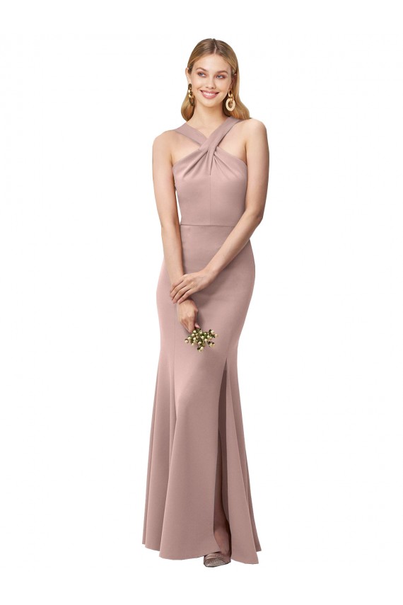 Long Floor Length High Neck Fit and Flare Stretch Crepe Bridesmaid Dress / Prom Dress with Side Slit Melbourne
