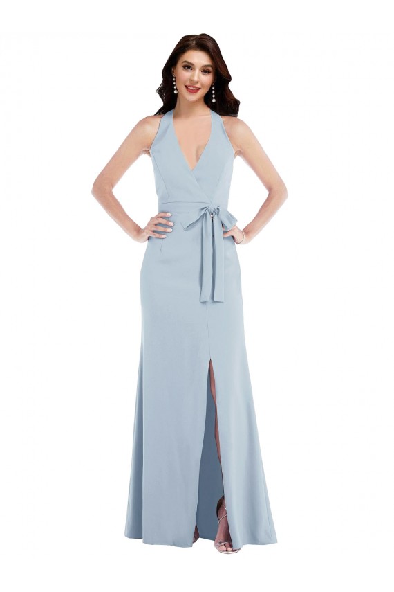 Open Back Halter Maxi Formal Crepe Bridesmaid Dress / Prom Dress with Draped Bow Melbourne