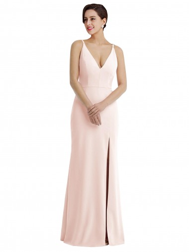 Shop Skinny Strap Deep V-Neck Trumpet Formal Crepe Bridesmaid Dress / Prom Dress with Front Slit Melbourne
