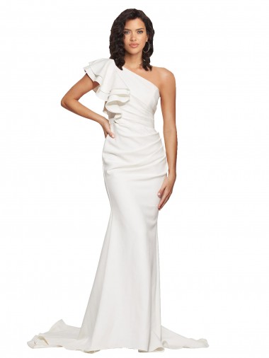 Ruched Long Sweep Train Crepe Bridesmaid Dress / Prom Dress with Shoulder Ruffles Melbourne