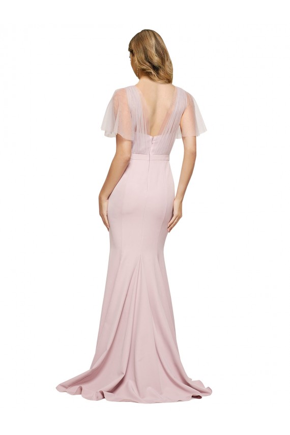 Crepe Long Sweetheart Neckline Formal Bridesmaid Dress / Prom Dress with Tulle Overlay Shoulders Melbourne