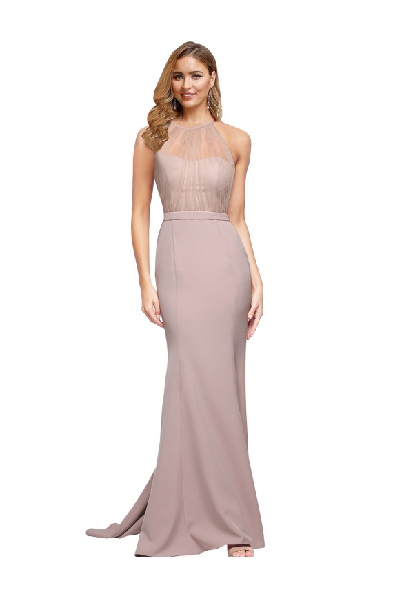 Long Sweetheart Formal Crepe Bridesmaid Dress / Prom Dress with High Neck Illusion Tulle Details Melbourne