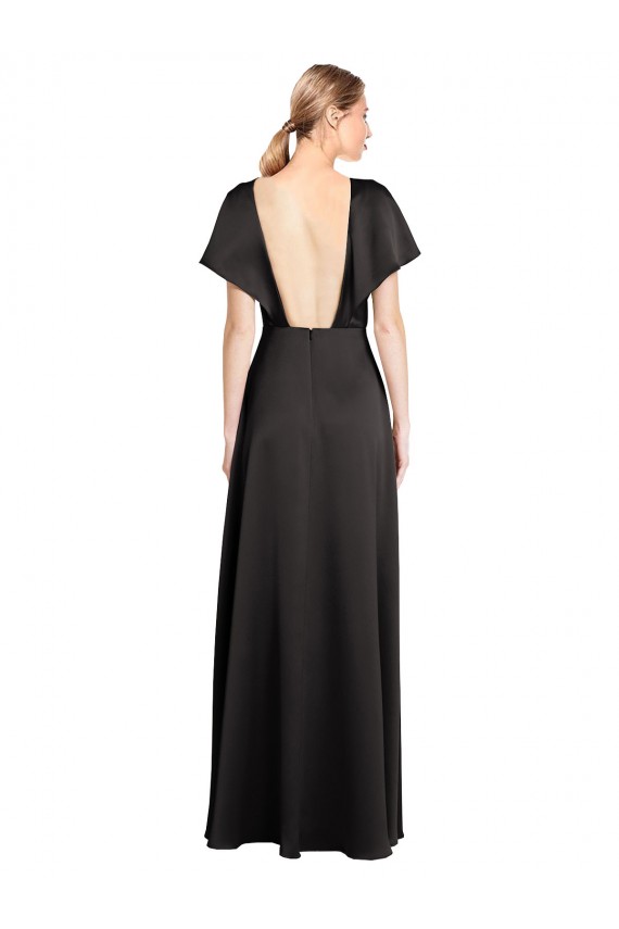 Cap Sleeves Open Back Long Formal Stretch Satin Bridesmaid Dress / Prom Dress