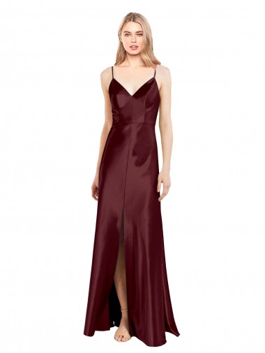 Shop Sleek Spaghetti Straps V-Neck Formal Stretch Satin Bridesmaid Dress / Prom Dress with Center Front Slit Melbourne
