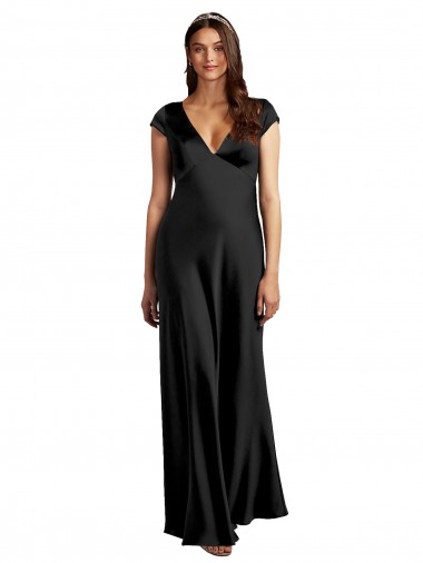 Shop Plunging V-Neck Cap Cleeves Long Formal Stretch Satin Bridesmaid Dress / Prom Dress with Keyhole Back Melbourne