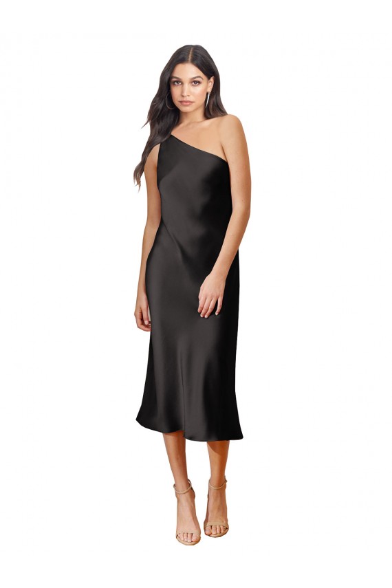 Sleek One Shoulder Midi Length Short Cocktail Formal Stretch Satin Slip Bridesmaid Dress / Prom Dress Melbourne