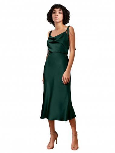 Spaghetti Straps Tie Shoulders Cowl Neck Short Midi Length Formal Stretch Satin Cocktail Bridesmaid Dress / Prom Dress Melbourne
