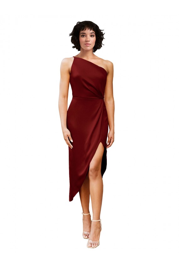 One Shoulder Cocktail Midi Length Short Formal Stretch Satin Wrap Style Bridesmaid Dress / Prom Dress Melbourne
