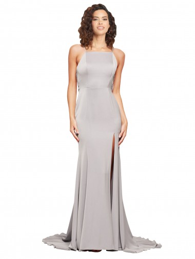 Shop High Neck Low Back Long Full Length Formal Stretch Satin Bridesmaid Dress / Prom Dress Melbourne