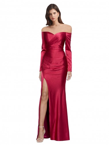 Long Sleeves Off the Shoulder Formal Stretch Satin Bridesmaid Dress / Prom Dress with High Side Split Melbourne