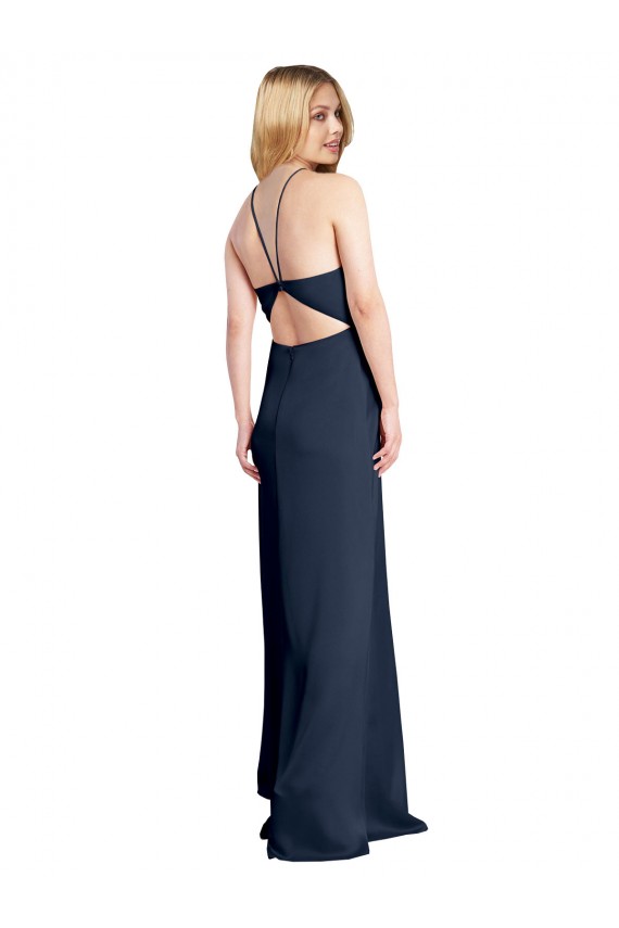 Halter Neckline Long Formal Stretch Satin Bridesmaid Dress / Prom Dress with Strappy Back and Side Slit Melbourne