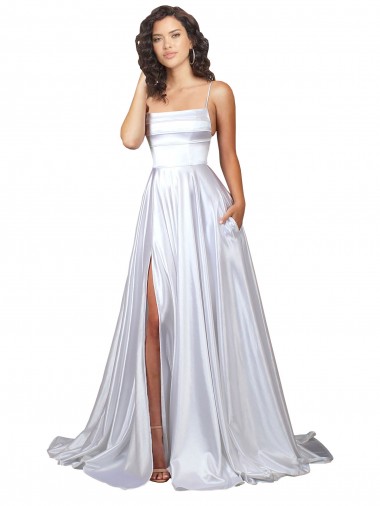 Simple A-Line Corset Style Pleated Long Stretch Satin Beach Wedding Dress with High Slit Melbourne