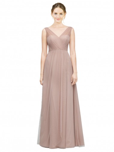Shop Full Length Draped Long V-Neck Tulle Bridesmaid Dress Melbourne