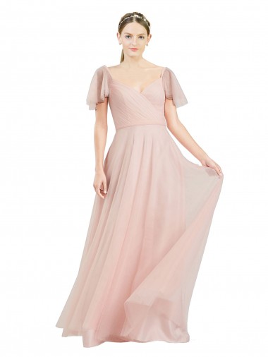 Shop Long V-Neck Flutter Sleeves Tulle Bridesmaid Dress Melbourne