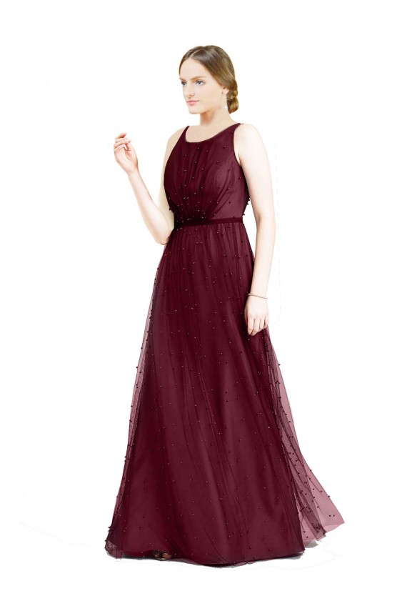 Sleeveless Boat Neck Long Pearl Tulle Bridesmaid Dress with Keyhole Back Melbourne