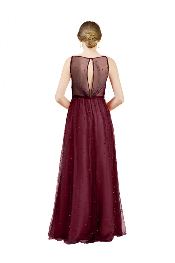 Sleeveless Boat Neck Long Pearl Tulle Bridesmaid Dress with Keyhole Back Melbourne