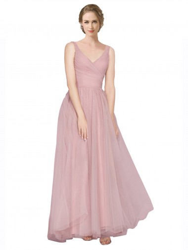 Shop Long Floor Length Wide Strap Plunge Cross Over Neckline Tulle Bridesmaid Dress Melbourne