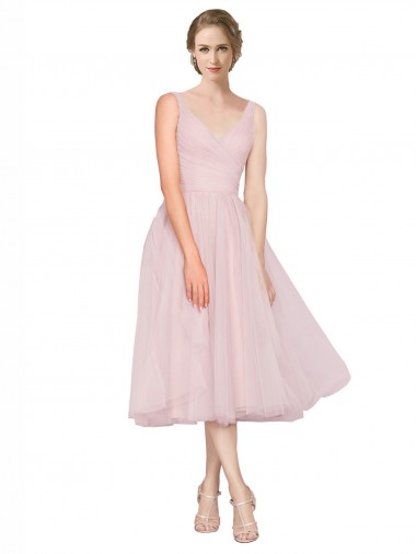 Shop Short Tea Length Wide Strap Plunge Cross Over Neckline Tulle Cocktail Bridesmaid Dress Melbourne