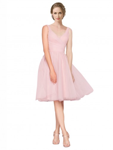 Shop Short Knee Length Wide Strap Plunge Cross Over Neckline Tulle Cocktail Bridesmaid Dress Melbourne